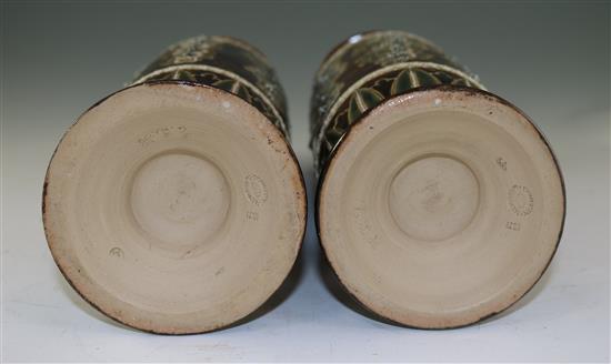 George Tinworth for Doulton Lambeth. A pair of stoneware vases, c.1871, height 32cm (12.5in.), one rim damaged